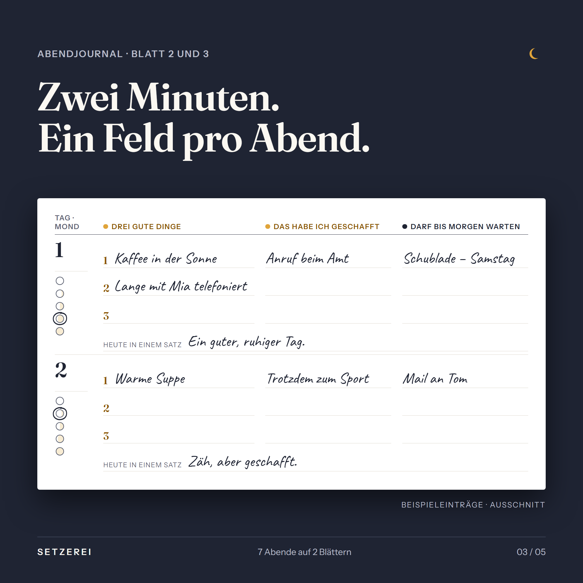 Ausschnitt aus der Woche mit zwei ausgefüllten Beispielabenden: drei gute Dinge, Geschafftes, was warten darf, heute in einem Satz und ein eingekreister Mond.