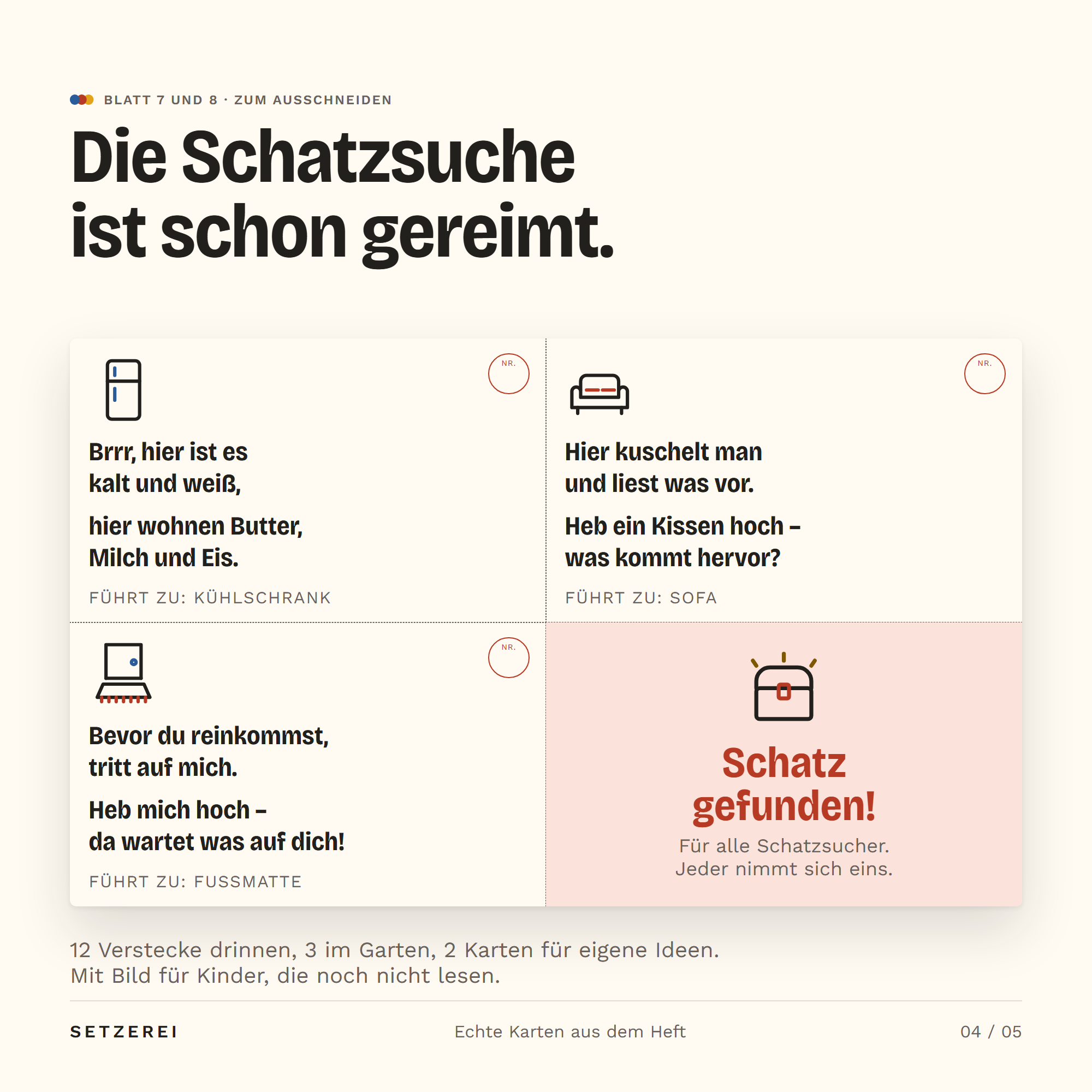 Drei der fertigen Hinweiskarten mit Bild und Reim: Kühlschrank: „Brrr, hier ist es kalt und weiß, hier wohnen Butter, Milch und Eis.“ Sofa: „Hier kuschelt man und liest was vor. Heb ein Kissen hoch – was kommt hervor?“ Fußmatte: „Bevor du reinkommst, tritt auf mich. Heb mich hoch – da wartet was auf dich!“ Dazu das Schild „Schatz gefunden!“. Insgesamt 12 Verstecke drinnen, 3 im Garten und 2 leere Karten.