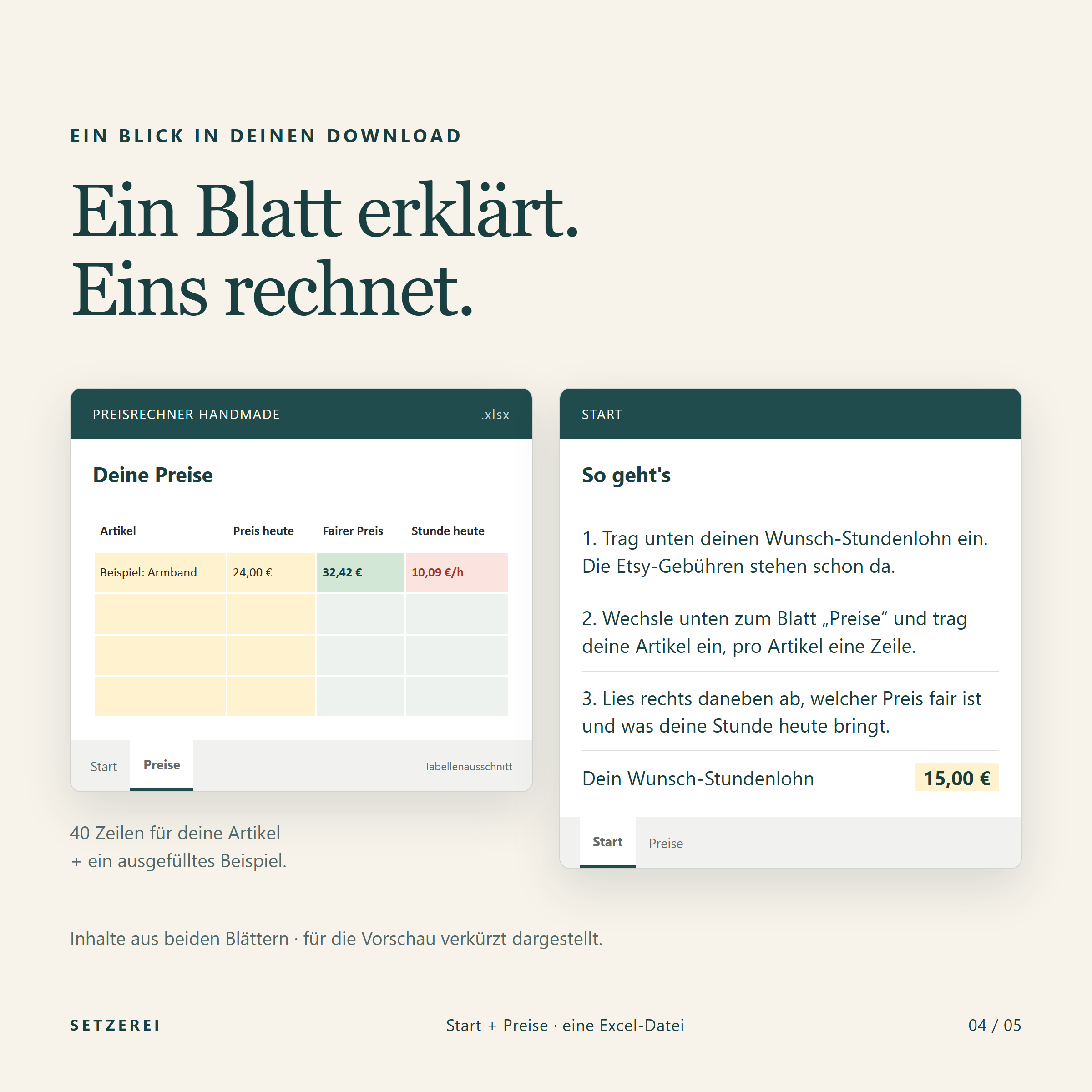 Ausschnitte aus den Blättern Start und Preise: drei Schritte zum Start, Liste mit 40 Zeilen und ausgefülltem Beispiel, gelbe Eingaben und berechnete Ergebnisse.