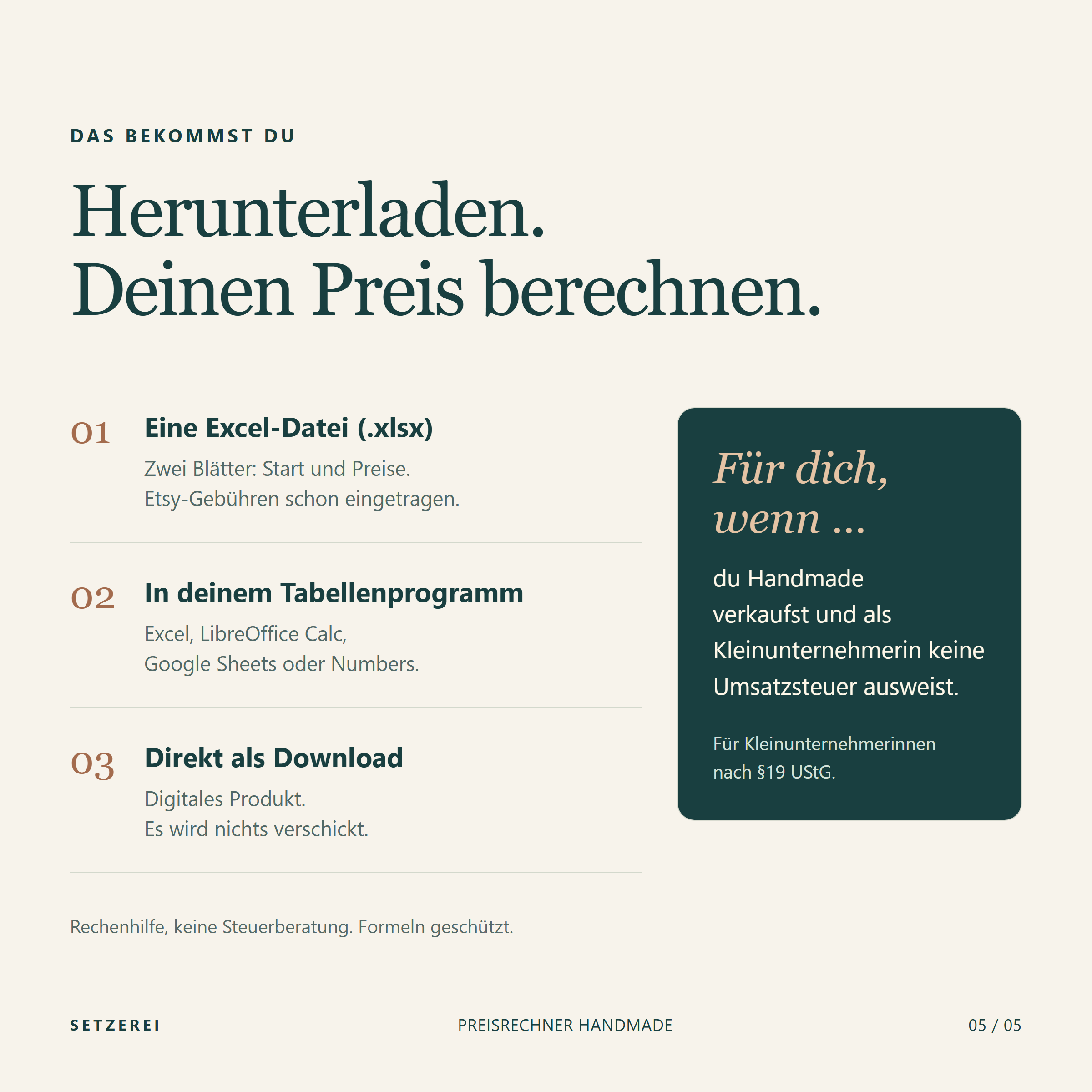 Lieferumfang: eine Excel-Datei mit den Blättern Start und Preise, Etsy-Gebühren schon eingetragen. Digitaler Download für Kleinunternehmerinnen; nutzbar in Excel, LibreOffice Calc, Google Sheets und Numbers.